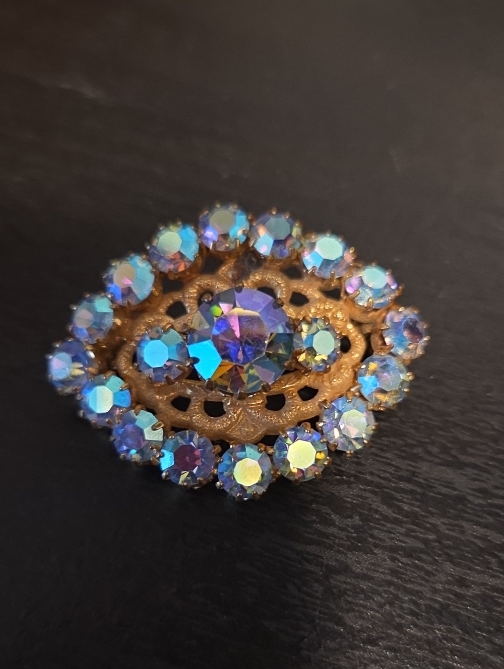 Vintage Gold Tone Aurora Borealis Crystal Statement Brooch
